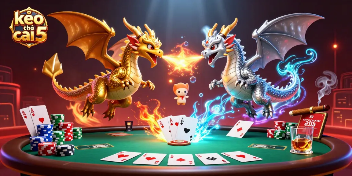 Engage in thrilling action with kèo nhà cái 5 as cartoon dragons breathe fire and ice over a vibrant poker scene.