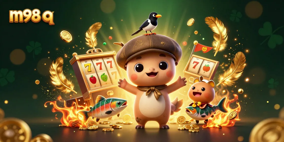 Play slots and win big with m98 q in this vibrant 3D gaming scene featuring cartoon characters and a dynamic backdrop.