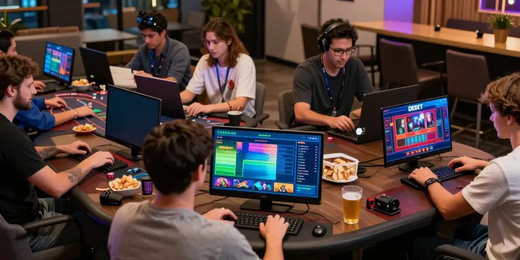 Players engaging with DEBET on multiple devices, showcasing a lively gaming atmosphere.