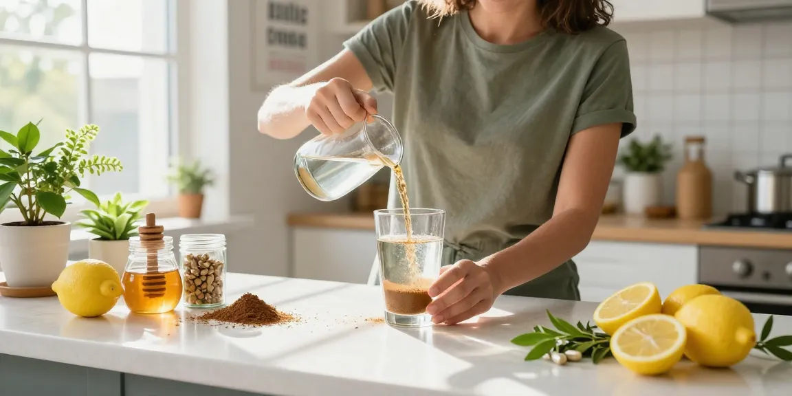 Happy Go Leafy kratom drink preparation scene showcasing vibrant ingredients and a sunny kitchen atmosphere.