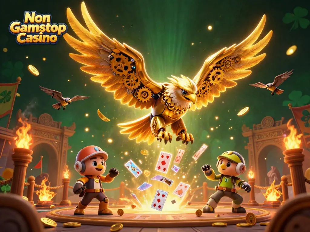 Engaging scene of a Non Gamstop Casino featuring a cybernetic eagle surrounded by holographic cards and dynamic gaming elements.