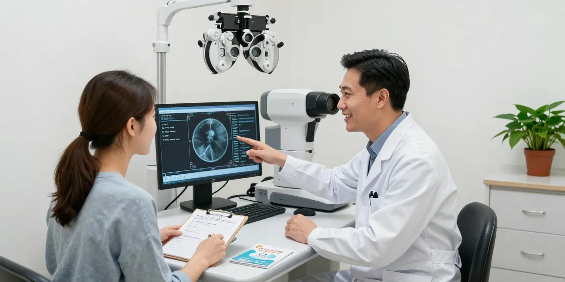 Retina specialist in UAE consulting a patient about retinal scans in a modern clinic.