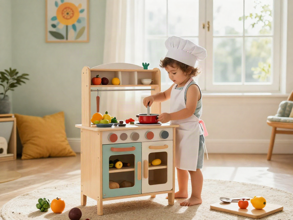 Child joyfully playing with a colourful play kitchen set, stirring pretend food in a bright playroom.