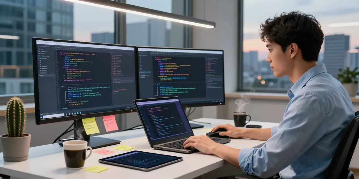 Software engineer working on AI agents with dual monitors and modern workspace elements.