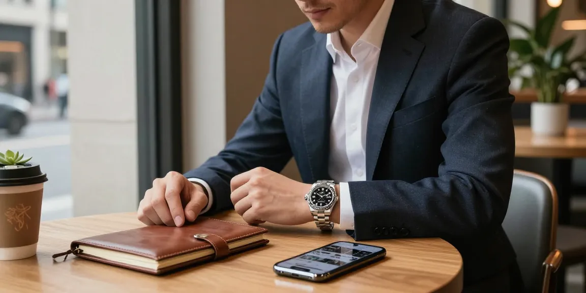 Luxury lifestyle scene showcasing Rolex super clone watches in an urban café setting, highlighting style and sophistication.