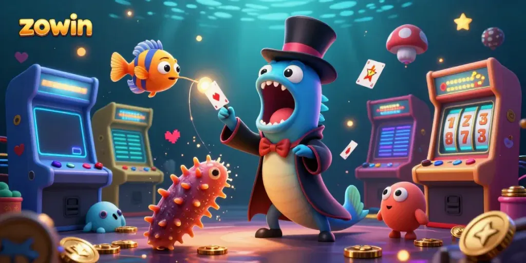 Zowin's immersive casino scene featuring a magical deep-sea eel, anglerfish, and vibrant gaming elements.