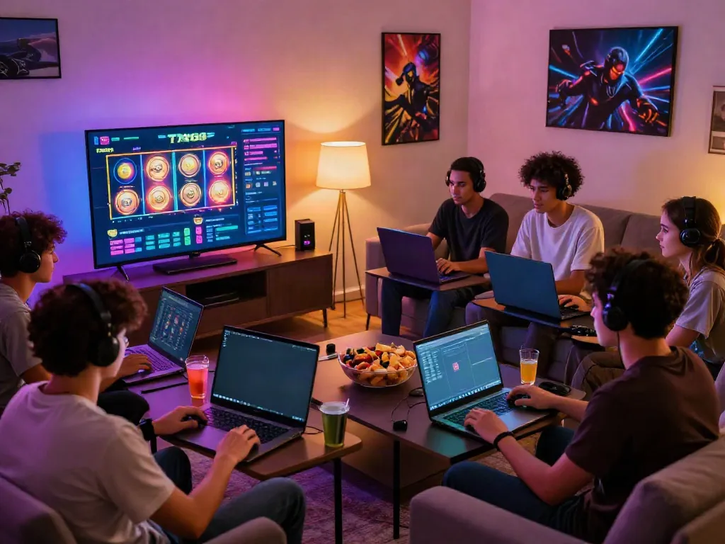 Enthusiastic gamers enjoying TX88 online platform with devices in a cozy living room