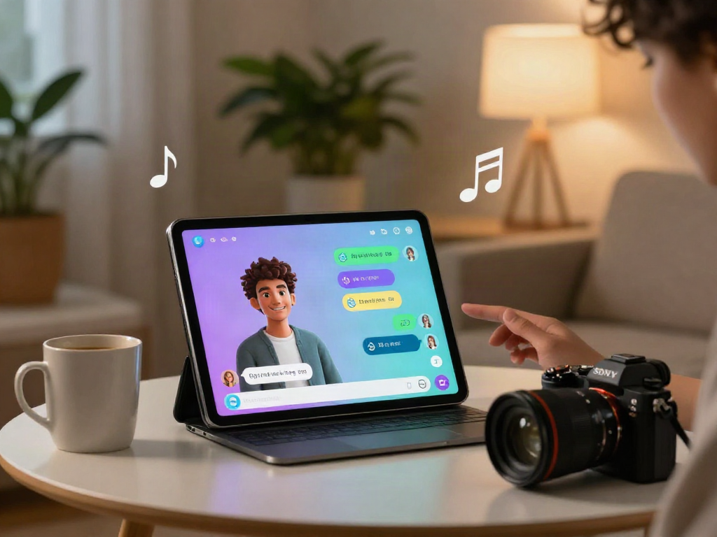 User engaging in AI porn chat with virtual companion in a cozy digital setting.