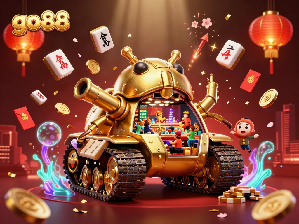 Engage in the thrill of go88 by viewing a vibrant 3D animated casino experience with gold elements.