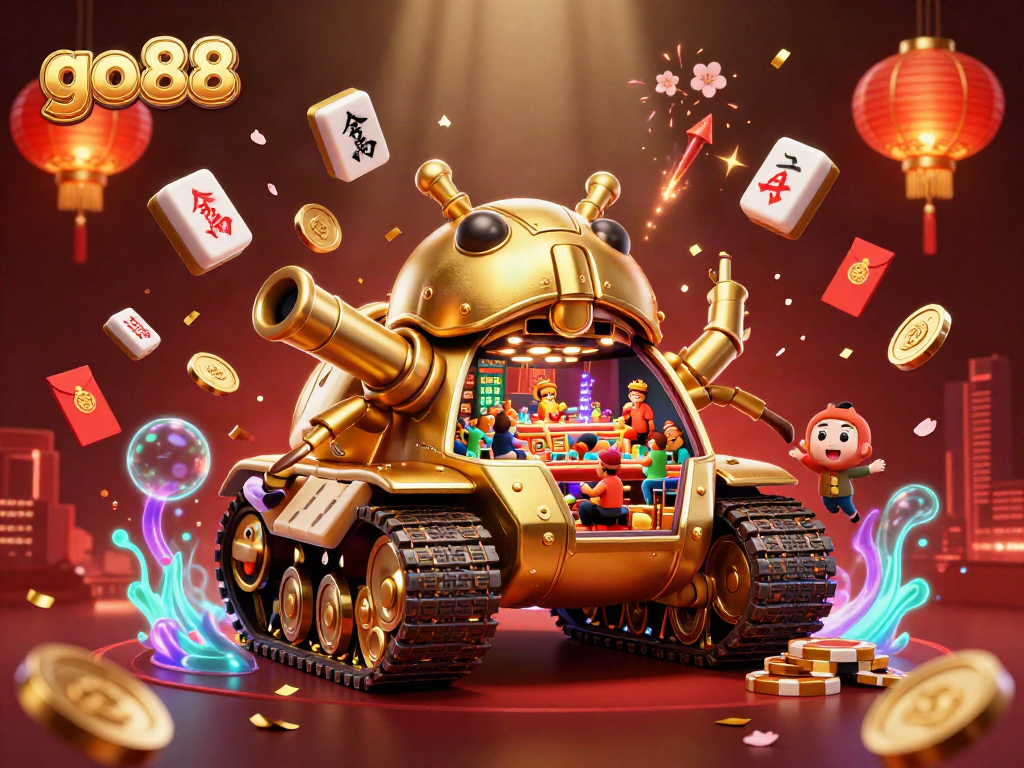 Engage in the thrill of go88 by viewing a vibrant 3D animated casino experience with gold elements.