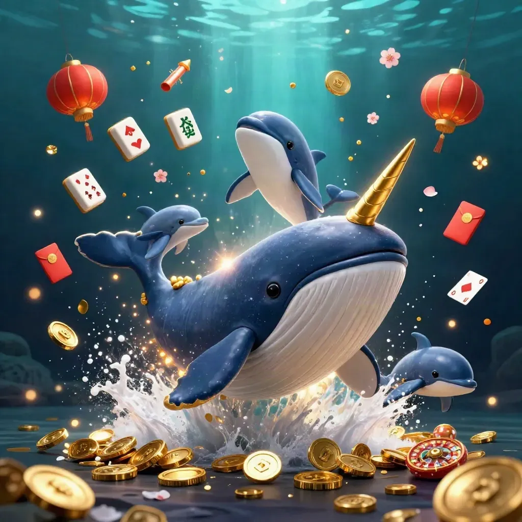 Whale captain, narwhal and dolphins erupt through coins with lanterns and jade glows.