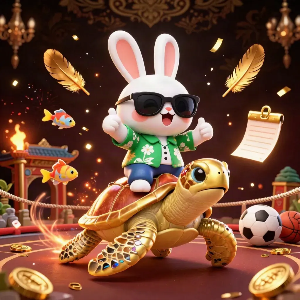 Lucky rabbit on a gold turtle amid casino sports props, coins, fireworks and temple glow