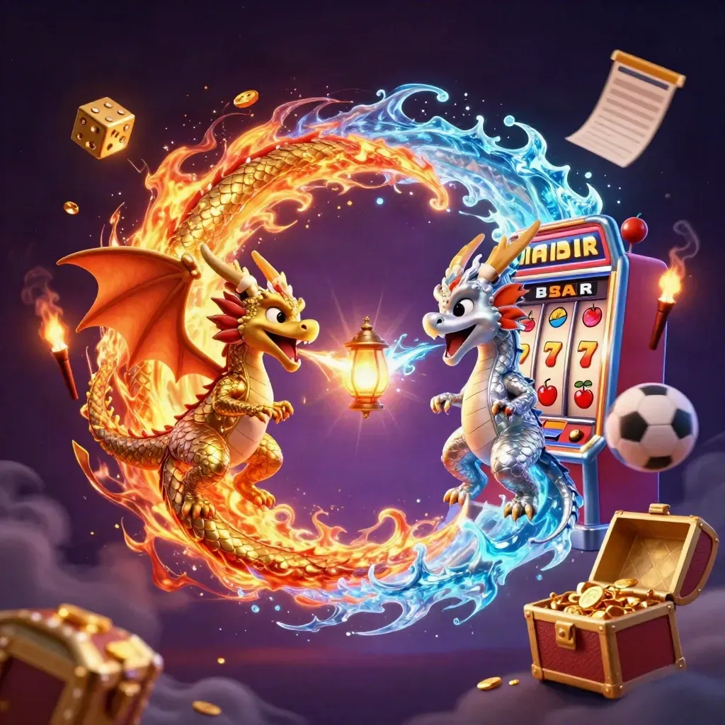 Gold and silver dragons spiral above slot reels, dice, sports balls and treasure in a neon starfield.