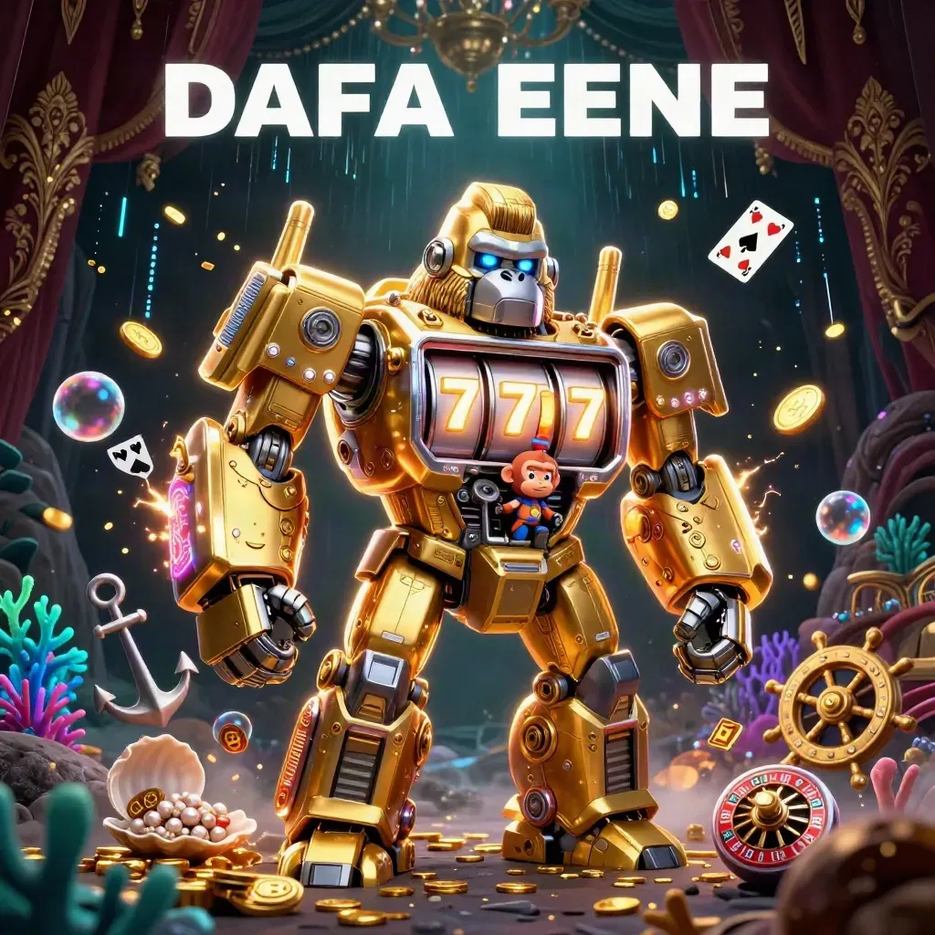 Golden gorilla mech with monkey pilot amid treasure cove, coins, cards, and neon casino glow