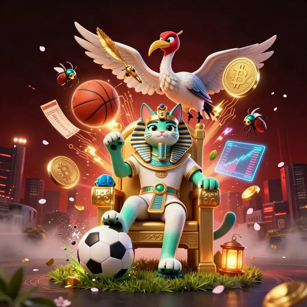 Pharaoh cat, ibis scribe and scarabs with soccer ball, coins and neon casino effects.