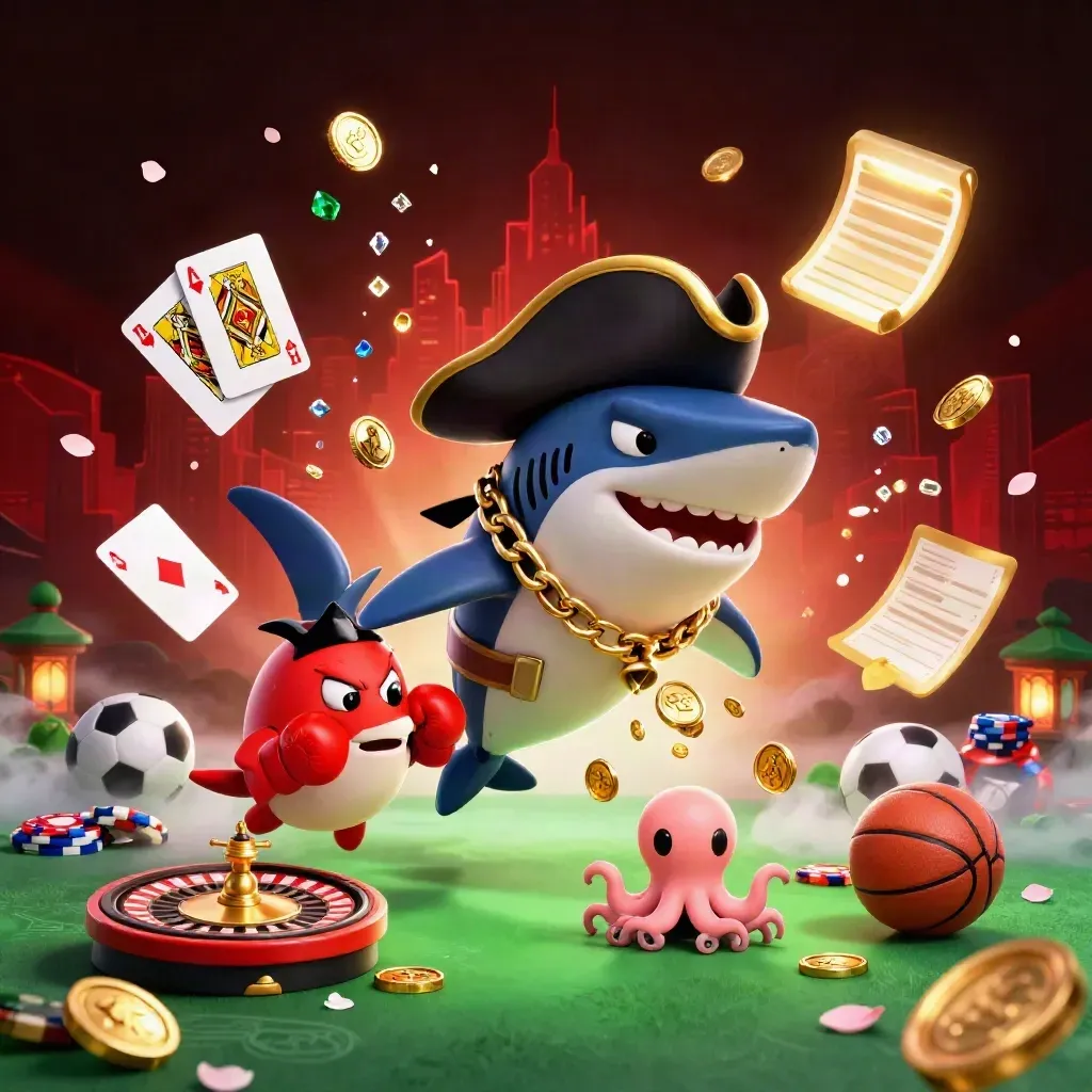 Pirate shark, red pufferfish, and baby octopus amid casino coins, cards, and glowing sports props.