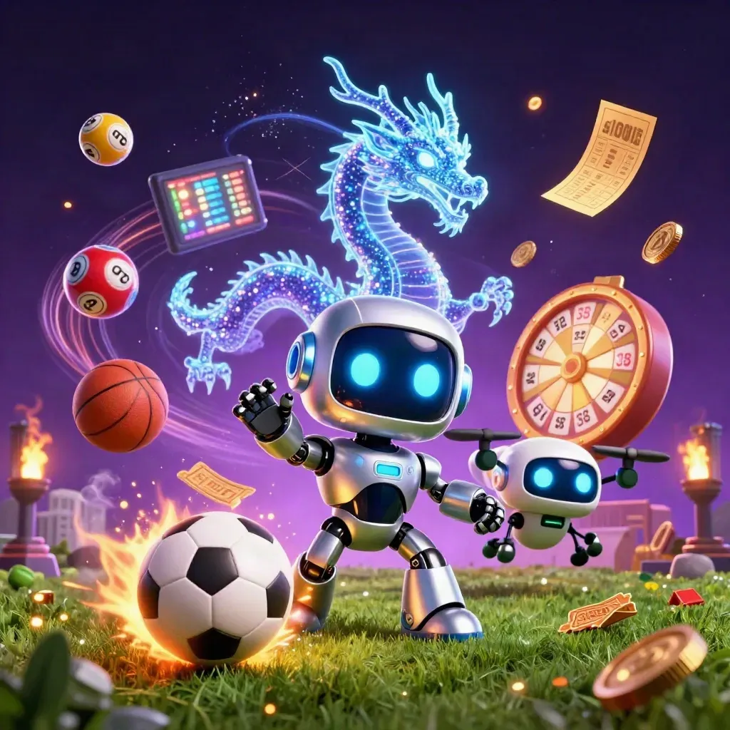 Cyberpunk robot, holographic dragon and coin drone amid casino balls, wheel, tickets and turf.
