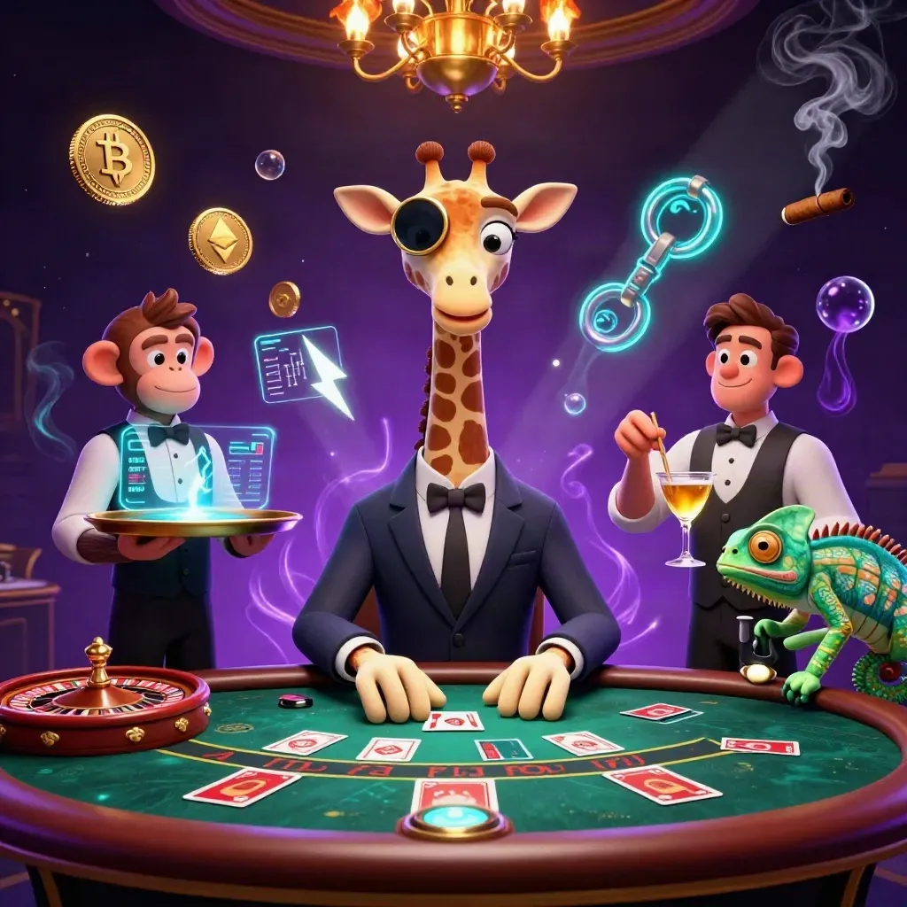 Cartoon giraffe, monkey valet and chameleon bartender in a glowing luxe casino room with coins and energy