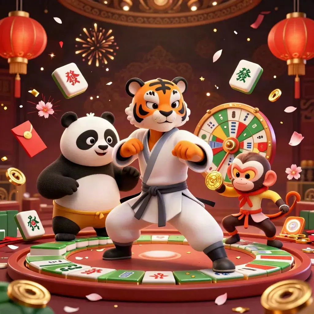 Tiger, panda, and monkey in a jewel-toned casino with swirling gold light and game props.
