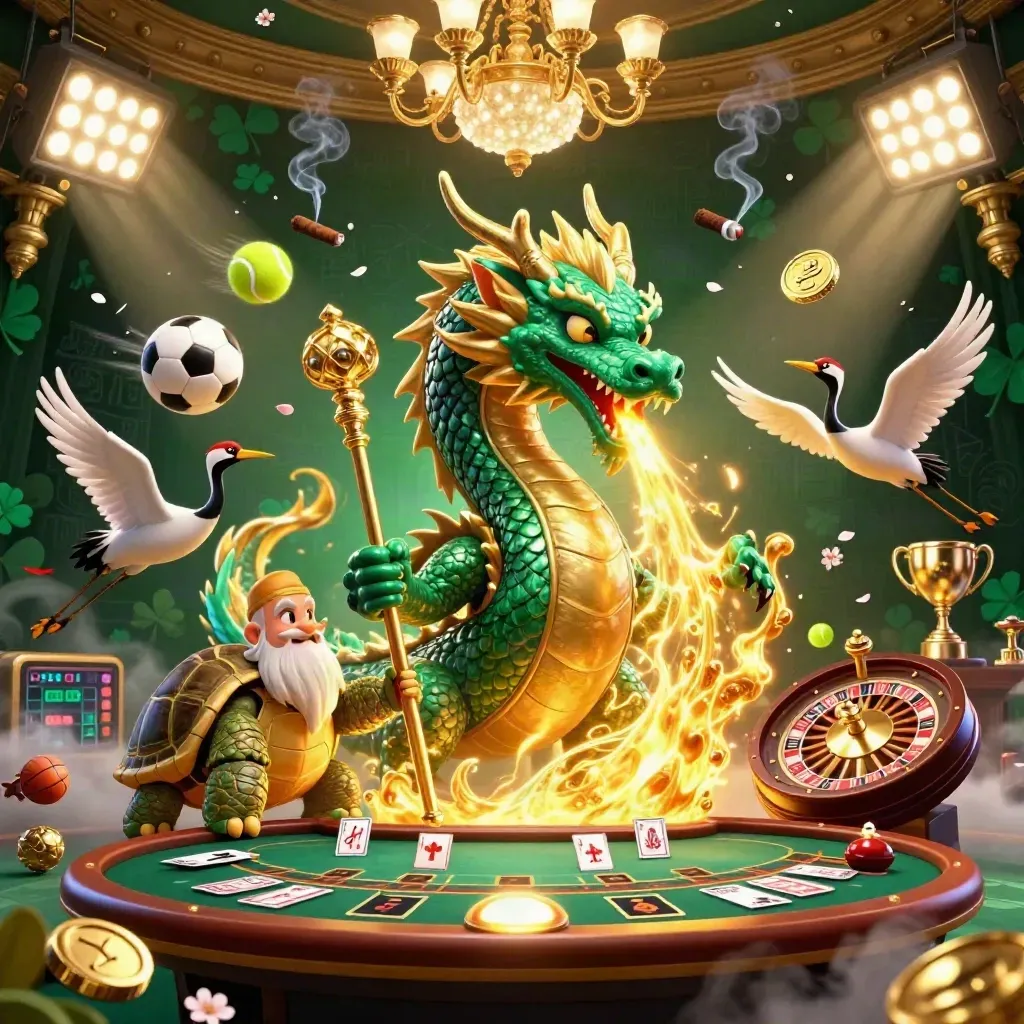 Emerald dragon, turtle sage, and cranes in a luxe casino room with sports icons and glowing gold.