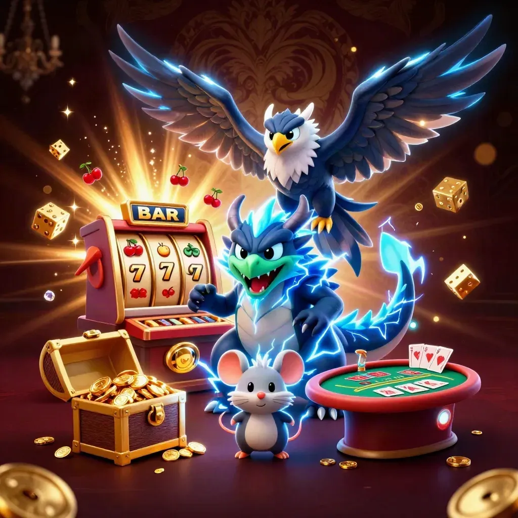 Thunder dragon, hawk, and mouse in a luxe casino burst with gold, dice, and glowing light