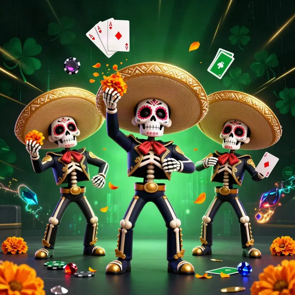 Day-of-the-Dead mariachi skeleton trio amid poker chips, cards, and emerald neon casino glow.