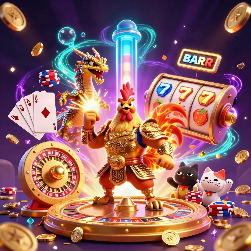 Rooster warrior, dragon hatchling and fortune cat amid casino bursts in neon light