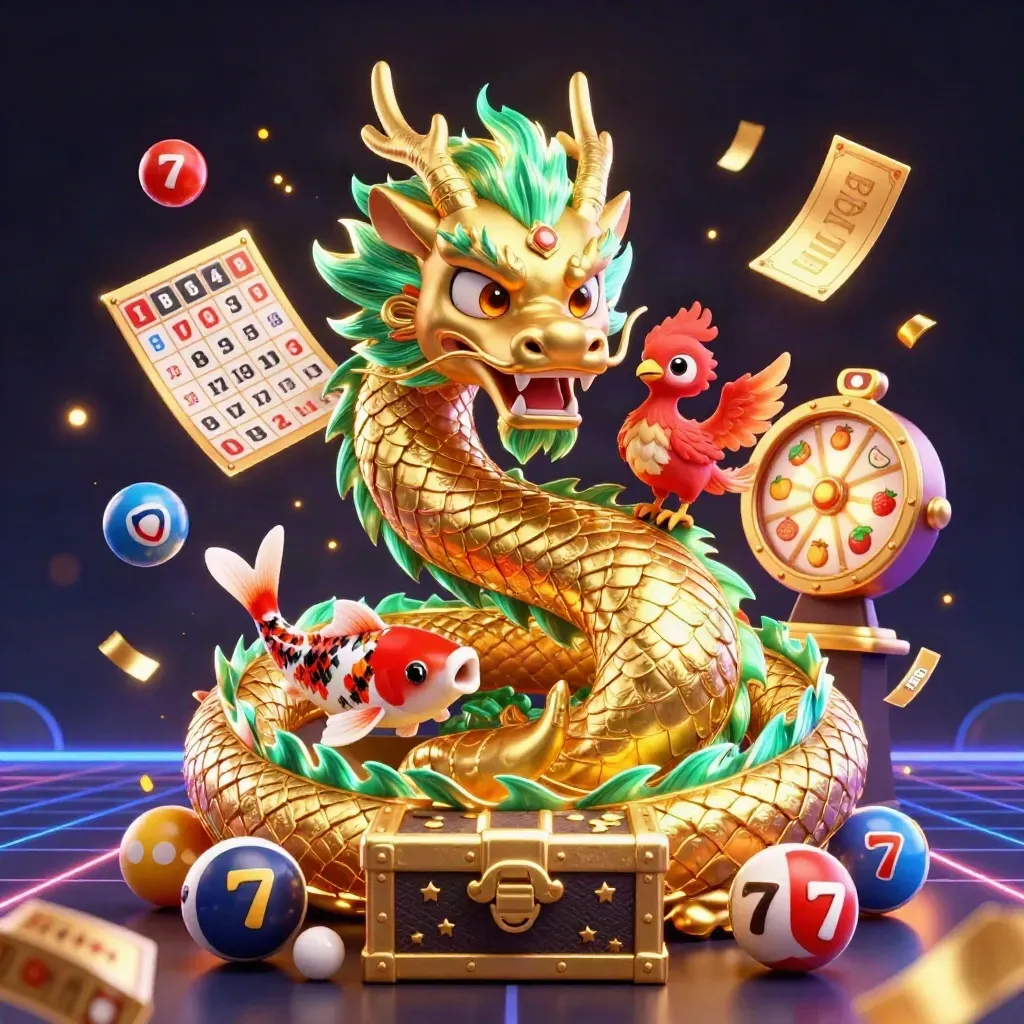 Golden dragon, phoenix and koi with casino bursts on a dark neon grid.