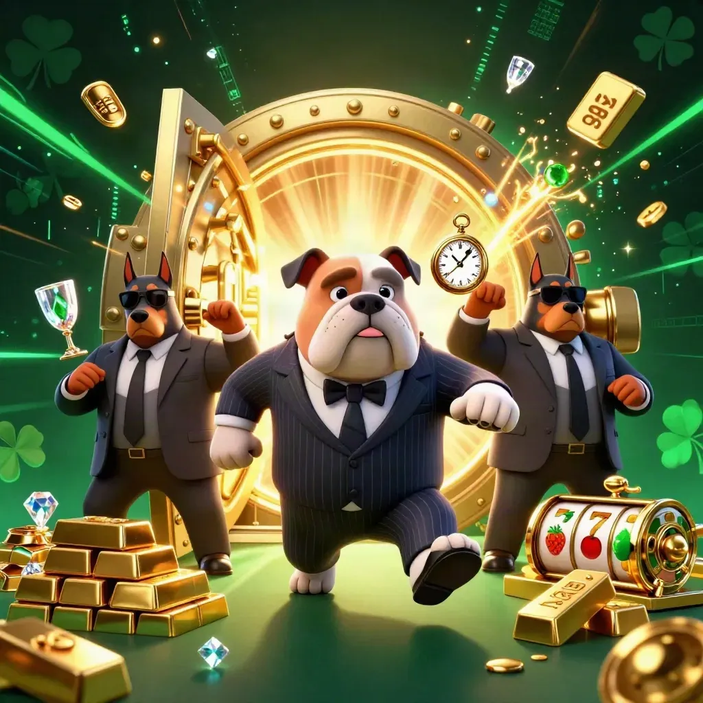 Bulldog boss and Dobermans in a vault blast with gold, gems, and casino reels.