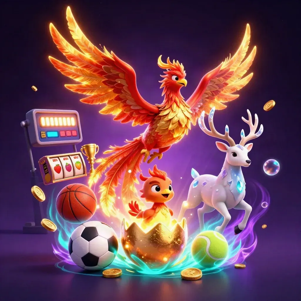 Fire phoenix, baby phoenix, and crystal stag amid coins, sports balls, trophy, and cosmic magic.