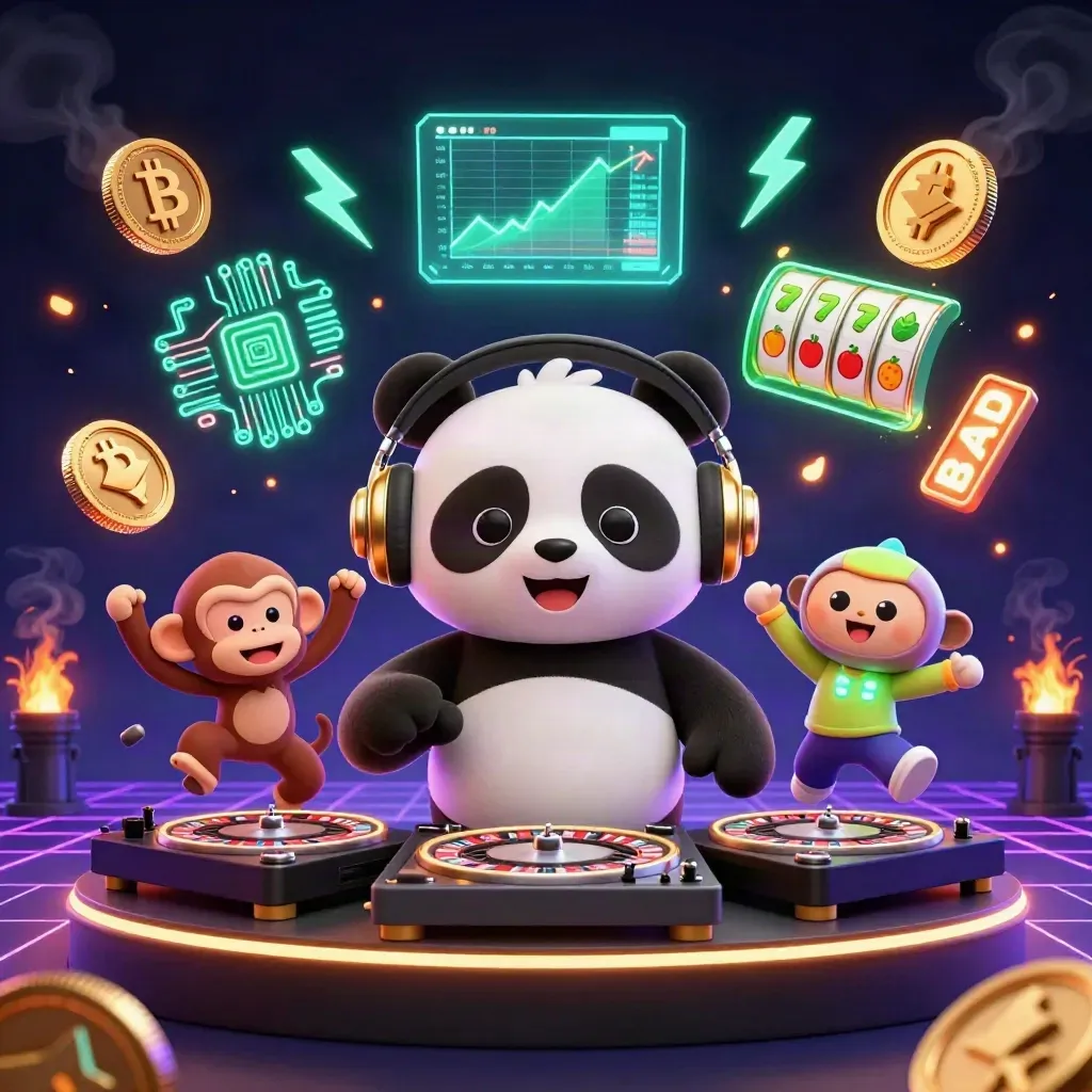 Panda DJ, breakdancing monkey and glow-stick kitten with crypto coins and neon casino effects.