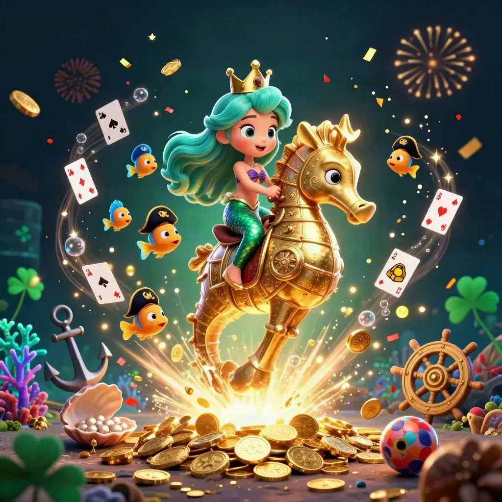 Mermaid princess on golden seahorse amid coin shower, fish pirates, coral, fireworks.