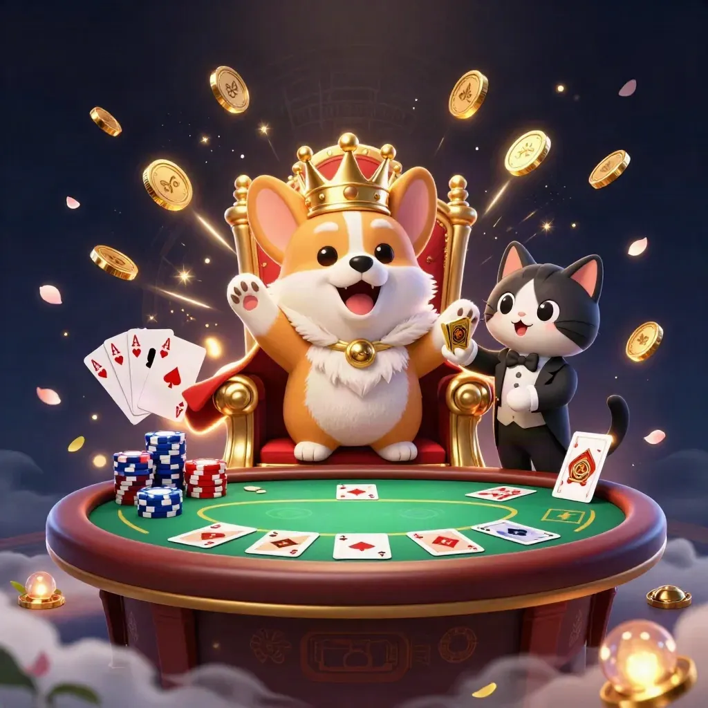 Royal corgi and cat butler amid exploding gold coins, chips, cards, and glowing casino magic.
