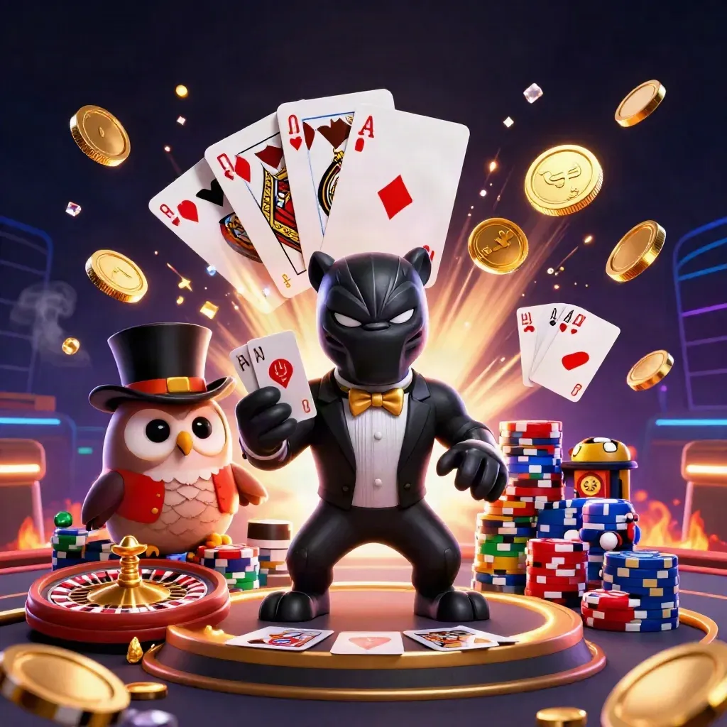 Panther, owl and mouse amid exploding coins, chips and cards in a neon casino scene.