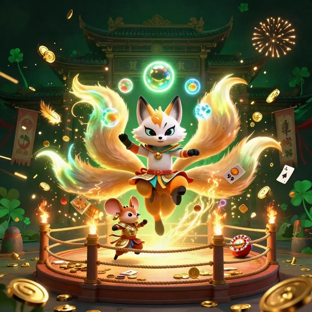 Fox spirit and armored mouse in a treasure burst with coins, fireworks, and casino symbols.