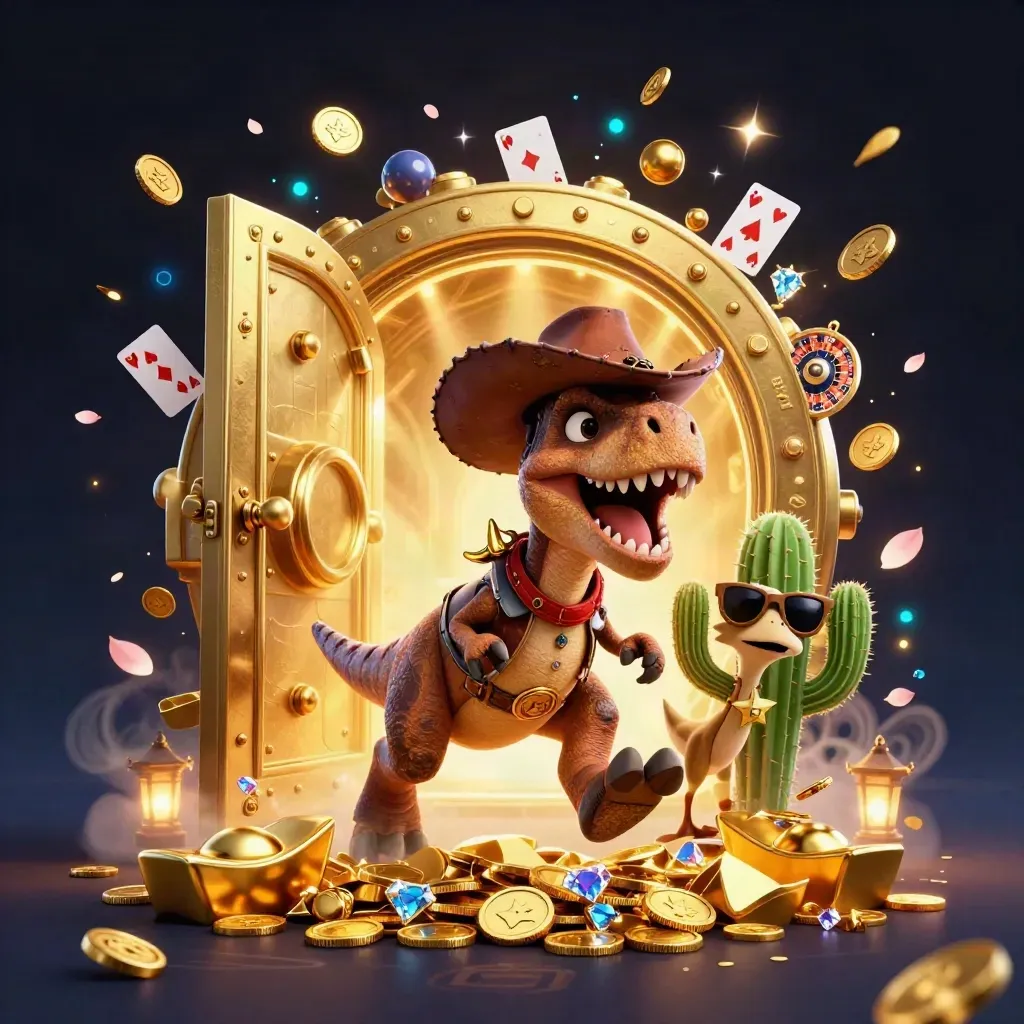 Cowboy T-Rex, cactus sidekick and roadrunner burst from a glowing gold vault in a casino scene.