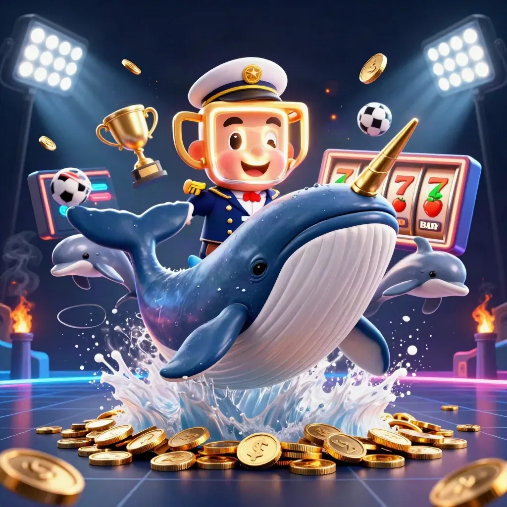 Whale captain, narwhal, and dolphins burst through coins in a neon casino scene.