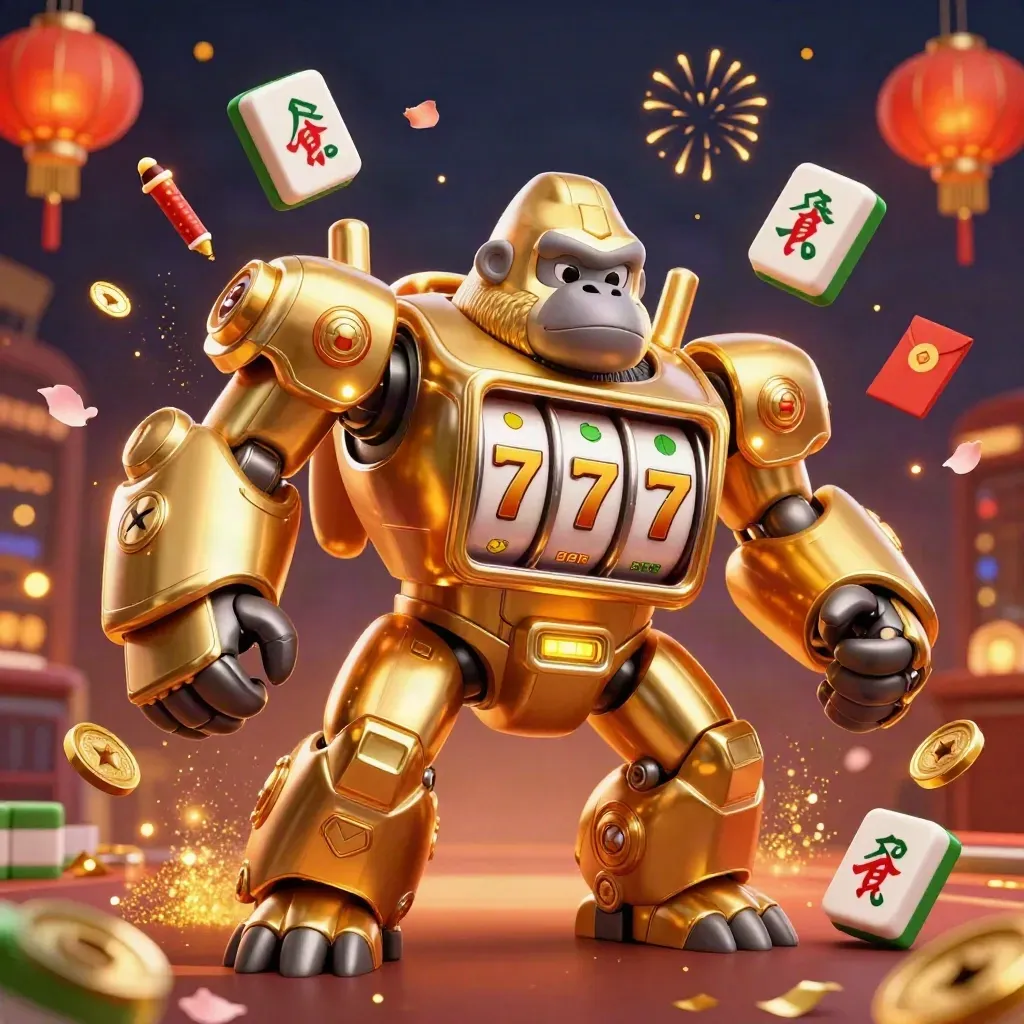 Golden slot-machine gorilla mech with tiny monkey pilot amid casino charms and fireworks.