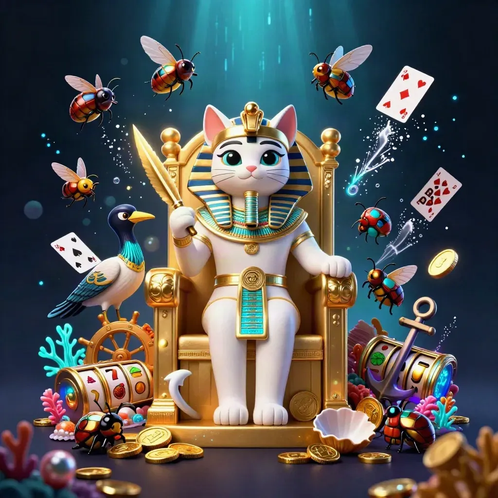 Pharaoh cat, ibis scribe and scarabs amid treasure cove, reels and neon casino effects.