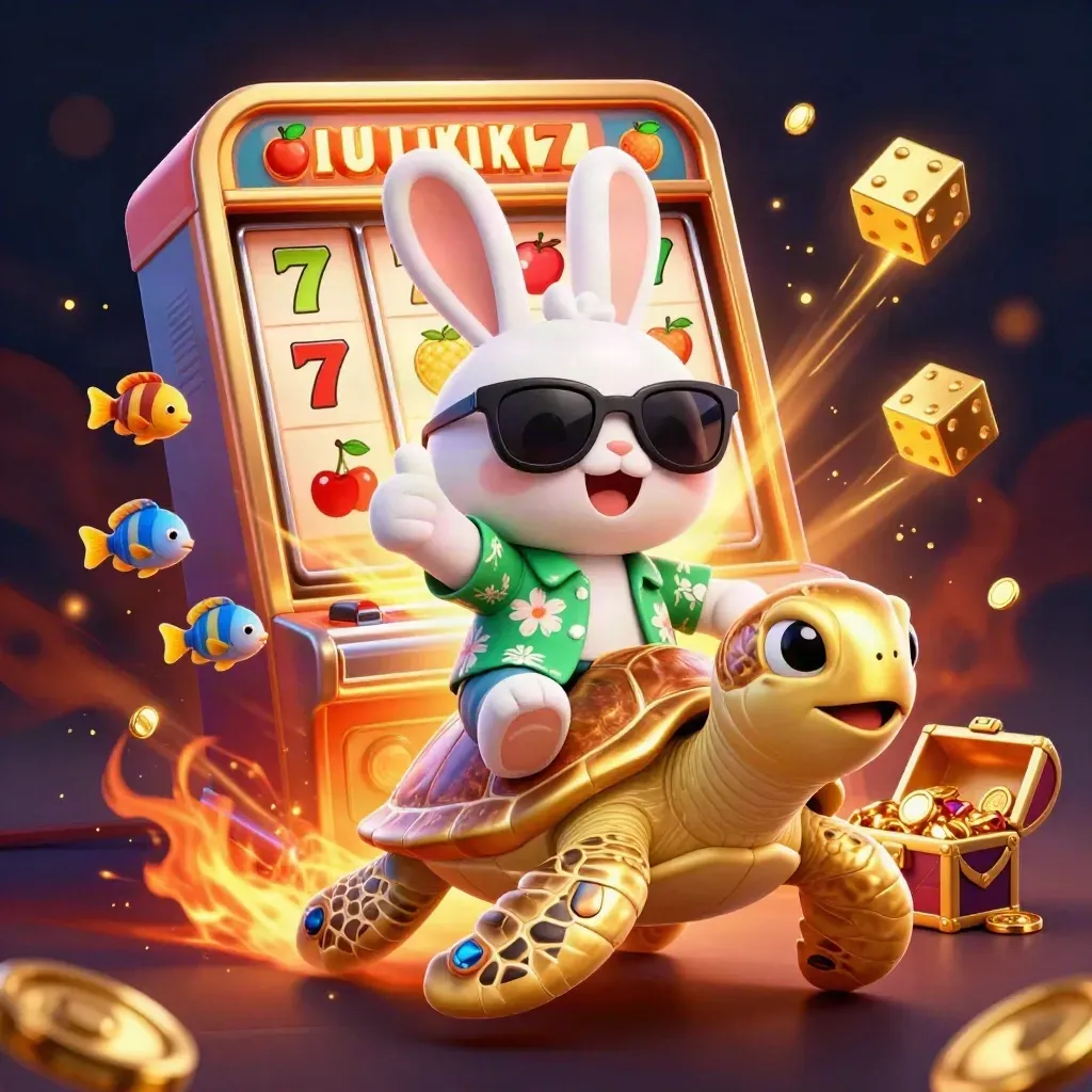 Rabbit on golden turtle amid slot reels, dice, fish, and treasure against ember glow