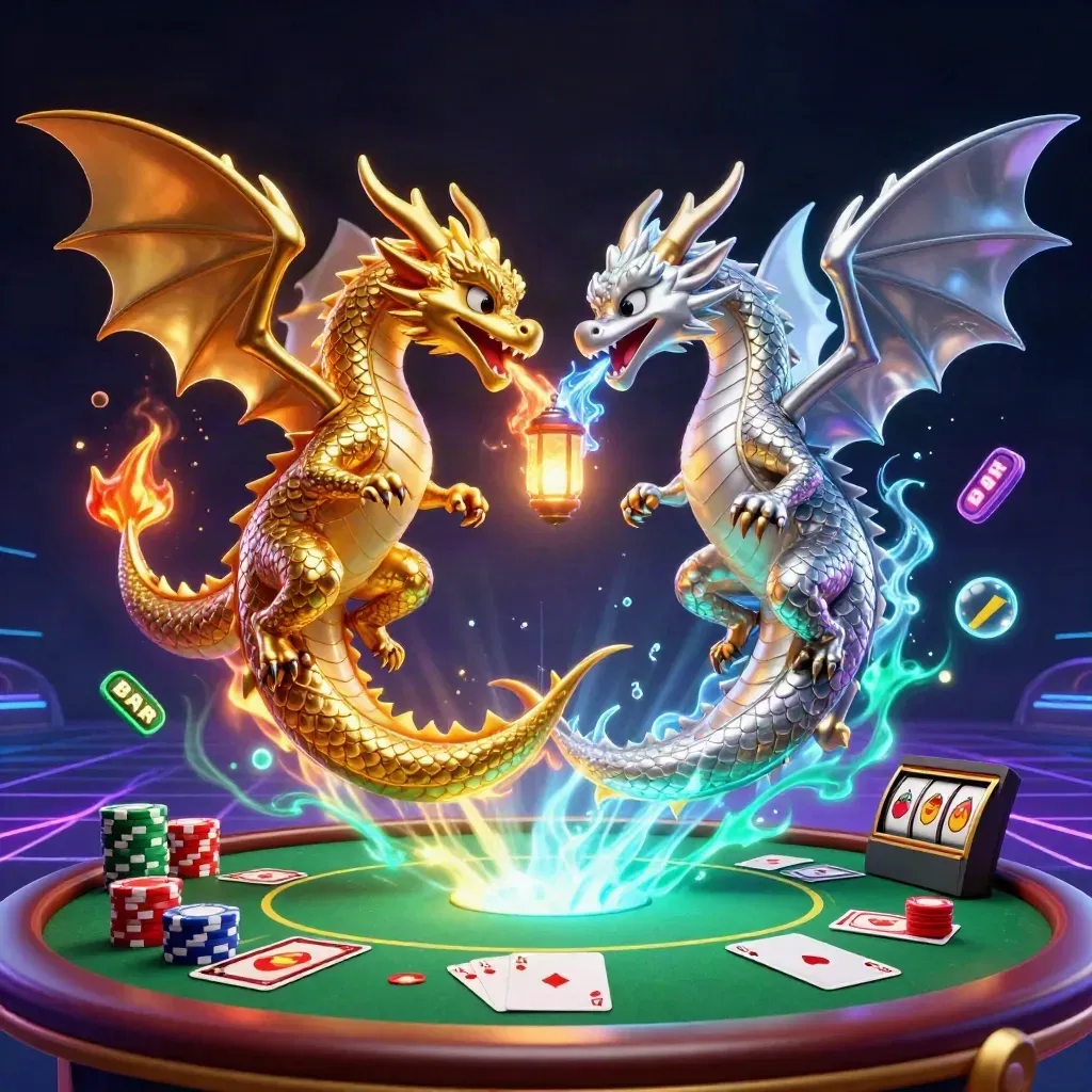 Twin dragons yin-yang over poker chips, reels, and cards in neon casino glow