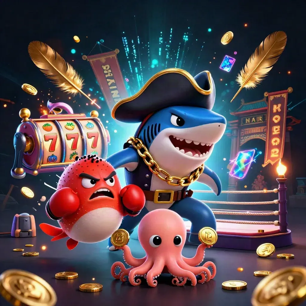 Shark pirate, boxing pufferfish, and coin-juggling octopus in a neon casino scene