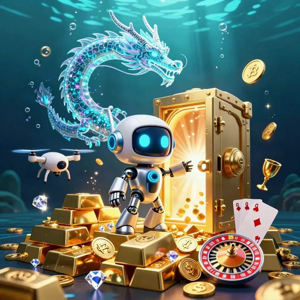 Robot mascot, holographic dragon, and coin drone amid a glowing gold vault and casino loot.