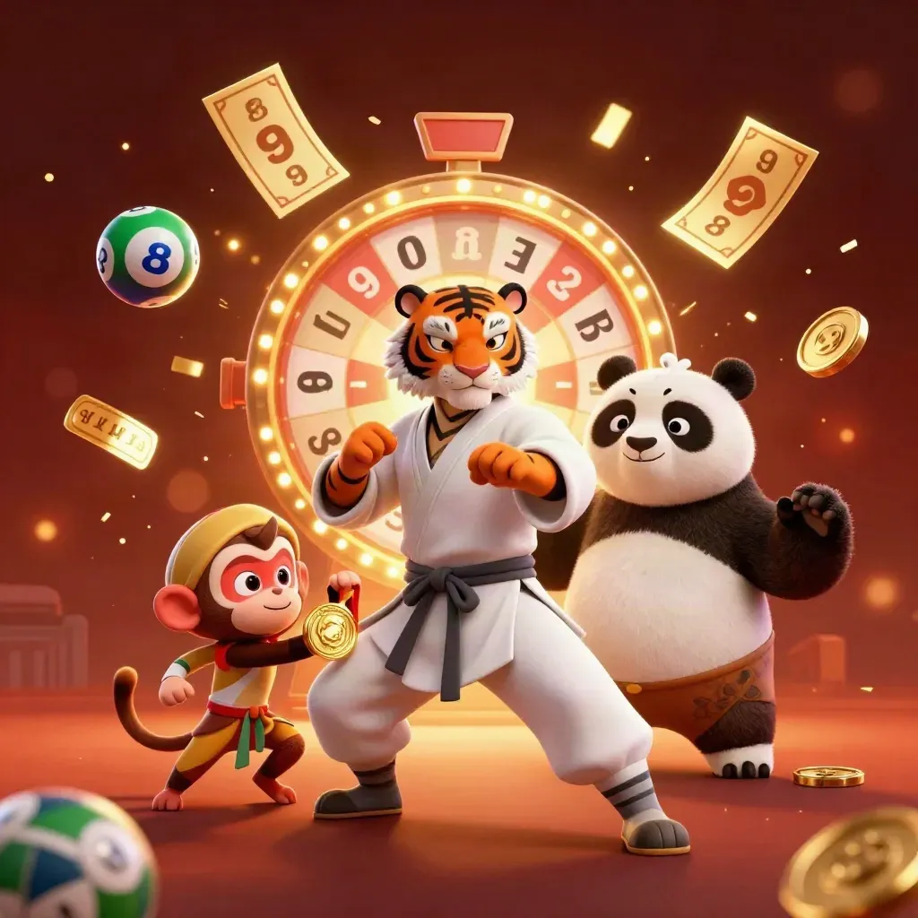 Kung-fu tiger, panda and monkey amid gold casino symbols on a fiery gradient