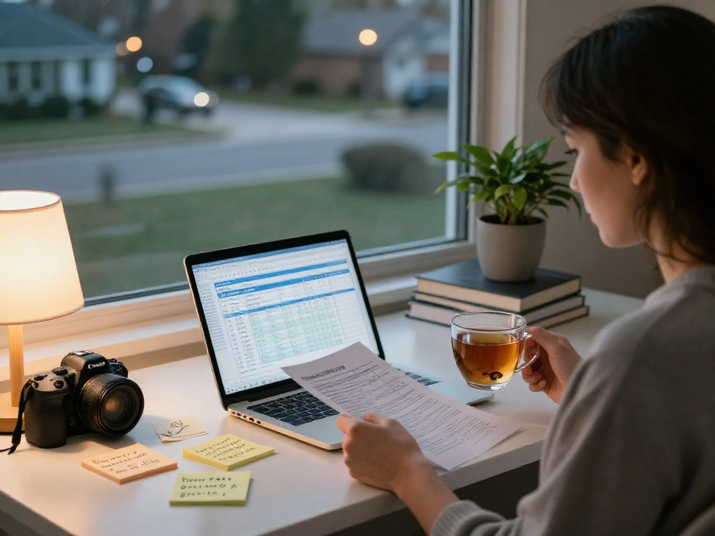 Guided financial planning for debt consolidation Canada, peaceful home scene with budgeting tools and tea.