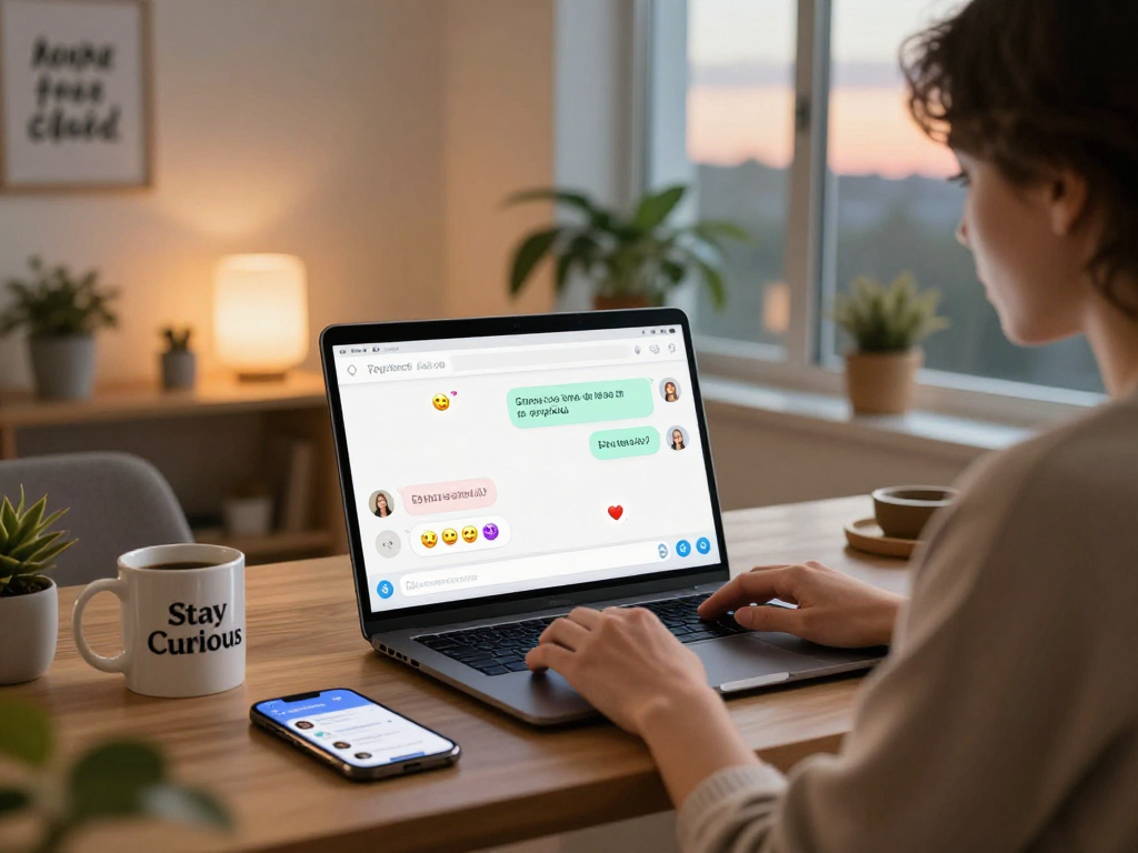 User engaging in ai porn chat with vibrant interface and cozy home office scene