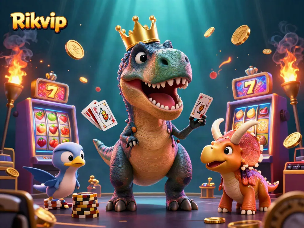 Experience exciting gameplay with Rikvip, featuring a friendly T-Rex and dynamic casino elements.