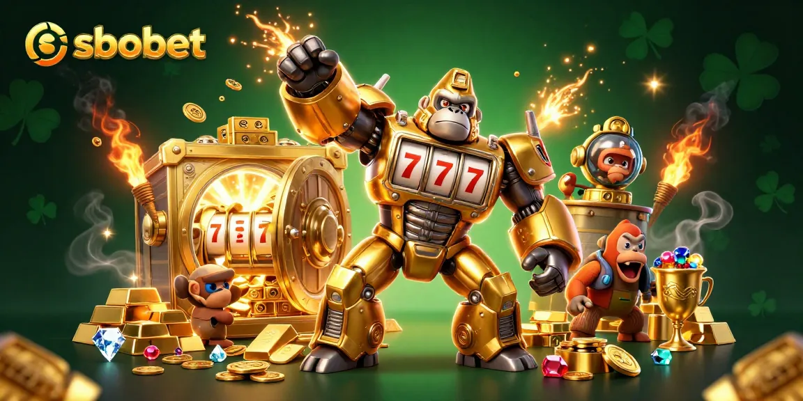 Experience sbobet's exhilarating thrills with golden mech and treasure in vibrant action.