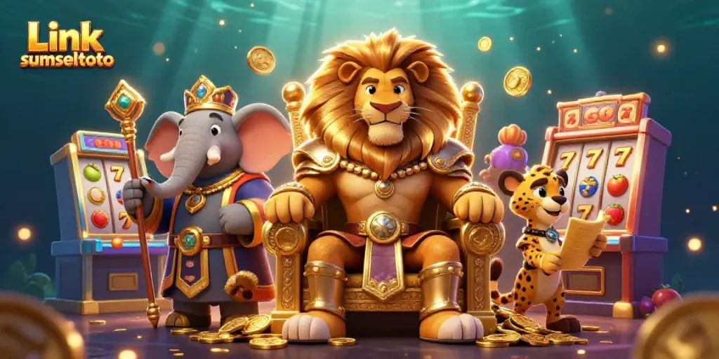 Win big with Link sumseltoto as the lion king presides over a vibrant slot machine kingdom.