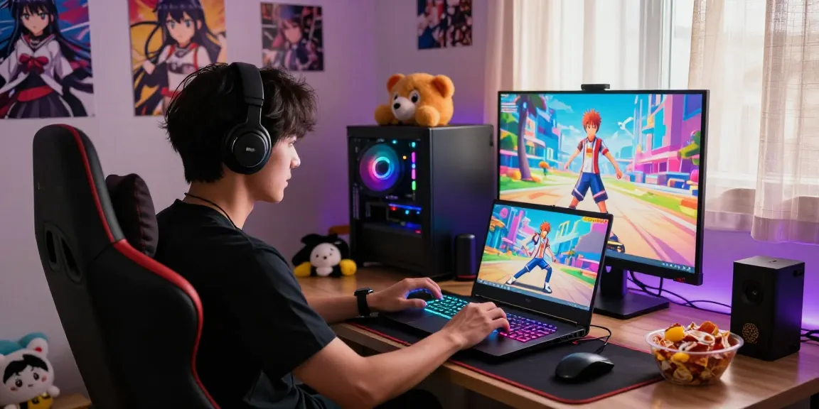 Gamer playing ecchi games on a laptop in a cozy bedroom setting with anime decor.